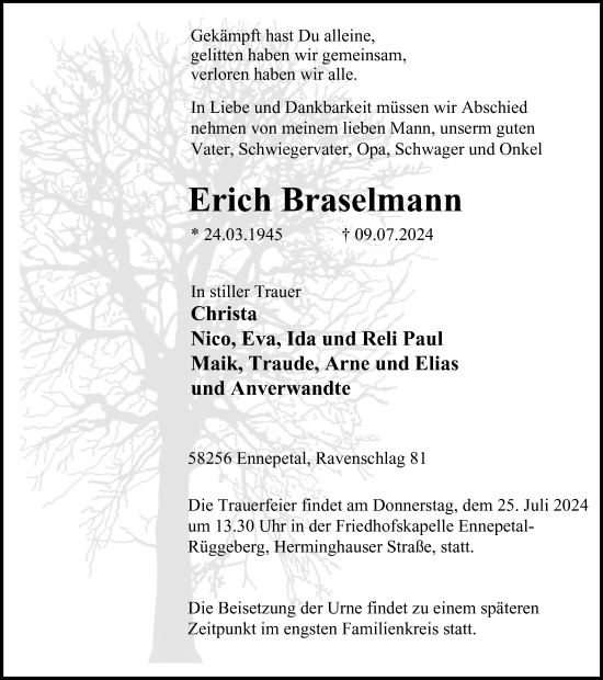 Traueranzeige von Erich Braselmann  von Tageszeitung
